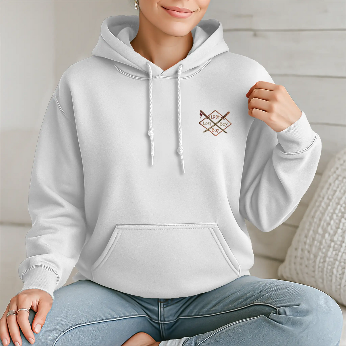 Model wearing the Dragon Koi Hoodie in white