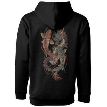 Dragon Koi Hoodie in black, back view with large koi and dragon graphic