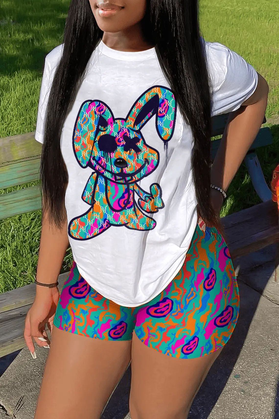 Casual Cartoon Print Short Sleeve & Shorts Set Cartoon Print