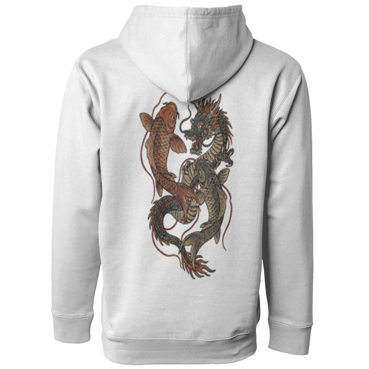 Dragon Koi Hoodie in white, back view with large koi and dragon graphic