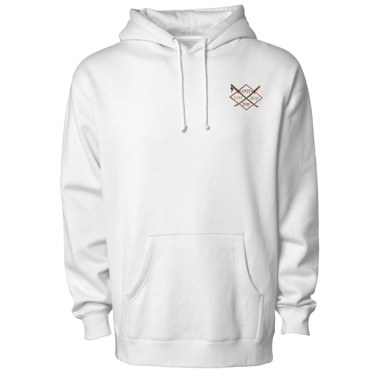 Dragon Koi Hoodie in white, front view with Lost Boy diamond logo on the chest
