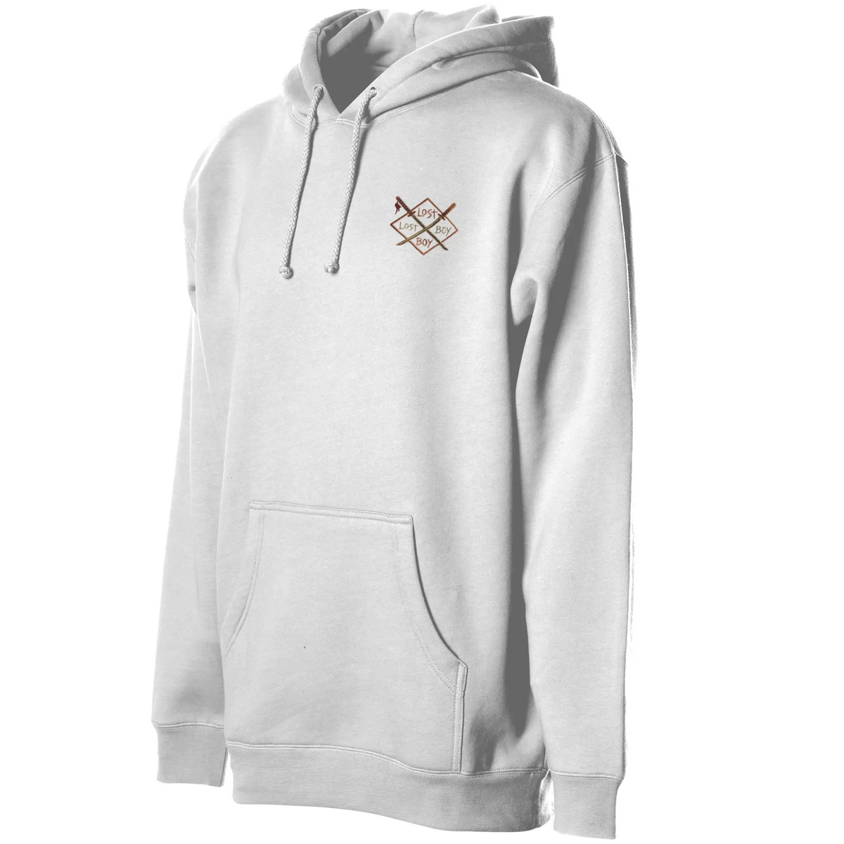 Dragon Koi Hoodie in white, three-quarter view showing hood drawstrings and front pouch pocket