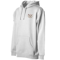 Dragon Koi Hoodie in white, three-quarter view showing hood drawstrings and front pouch pocket