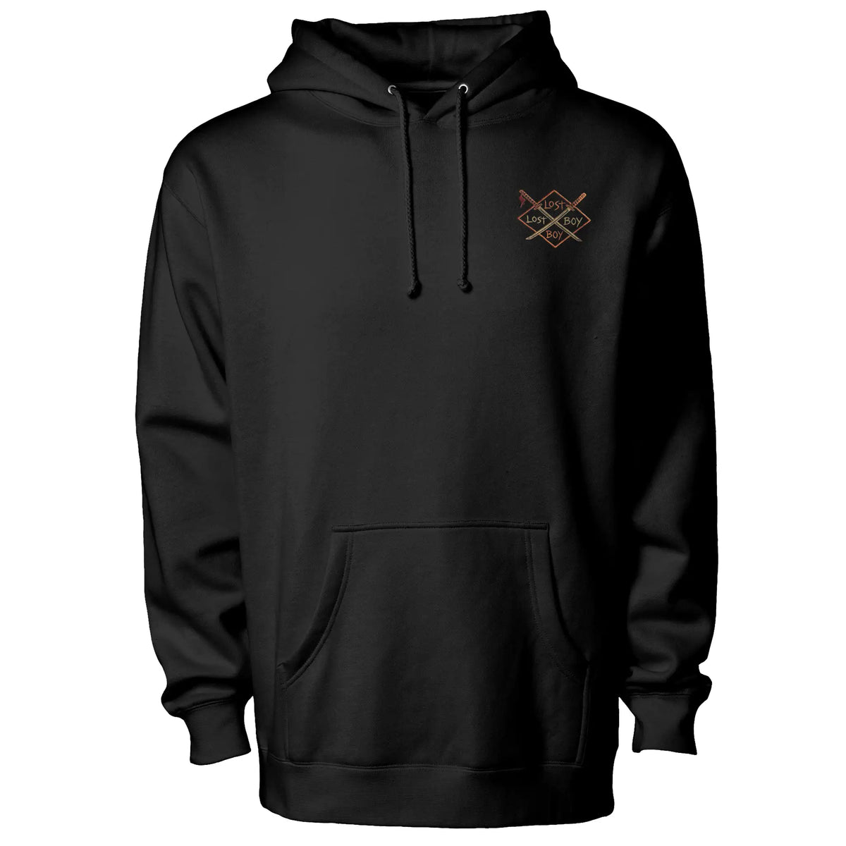 Dragon Koi Hoodie in black, front view with Lost Boy diamond logo on the chest
