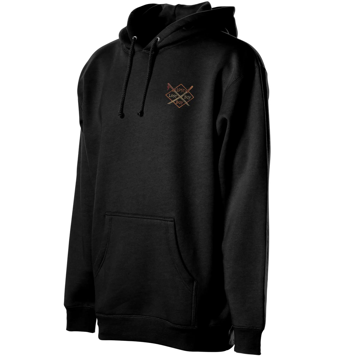 Dragon Koi Hoodie in black, three-quarter view showing hood drawstrings and front pouch pocket