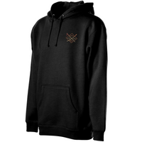 Dragon Koi Hoodie in black, three-quarter view showing hood drawstrings and front pouch pocket
