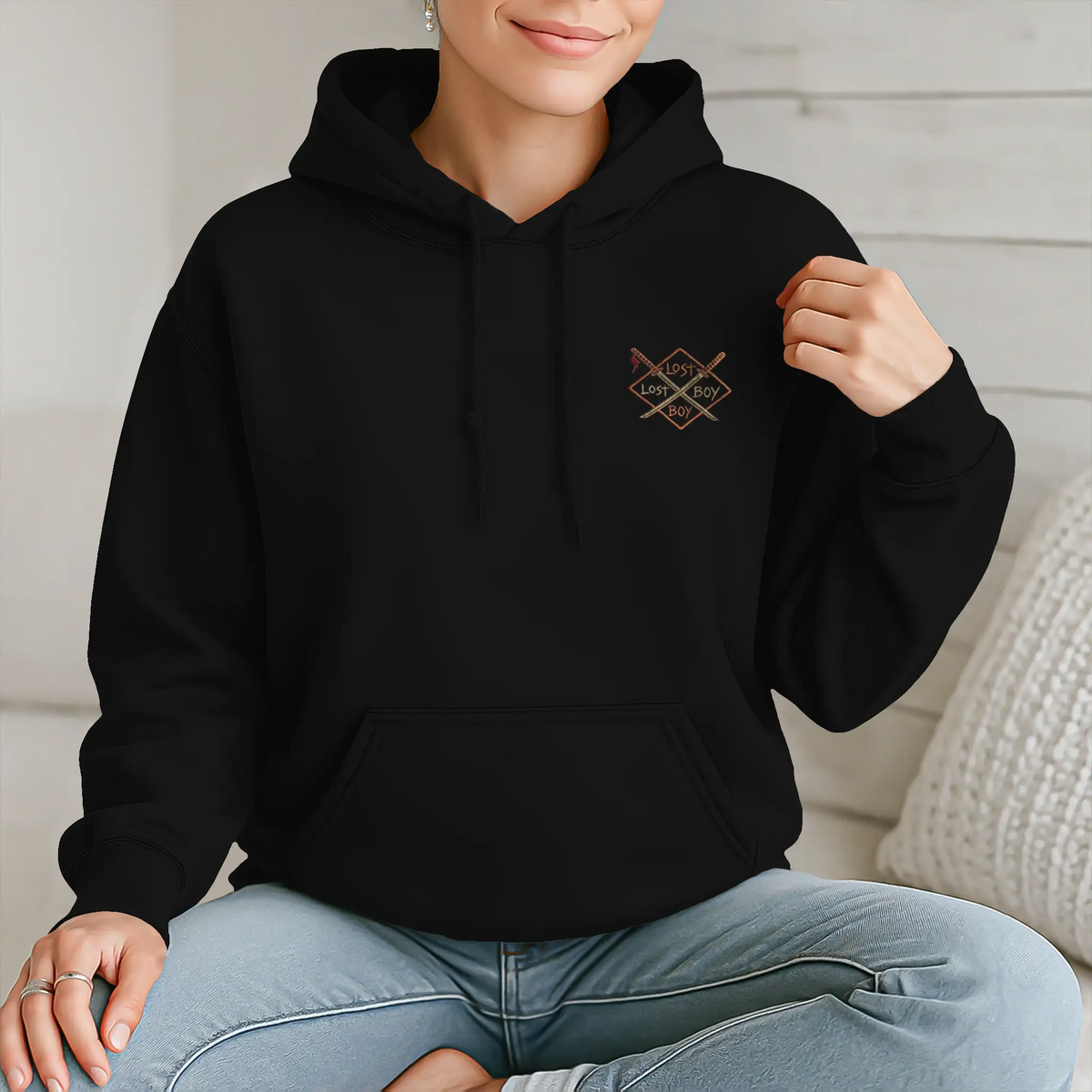 Model wearing the Dragon Koi Hoodie in black